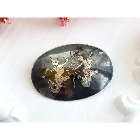 Ramasoon & Mekkala Siam Sterling Silver Vintage Thai Made Nielloware Brooch - Picture 1 of 10
